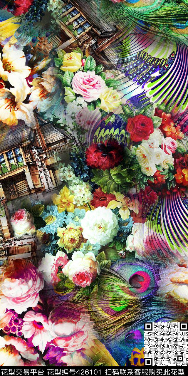 手绘油画房屋孔雀羽毛数码印花华亿平台下载（图片编号: 426101） - 瓦栏（Walan）