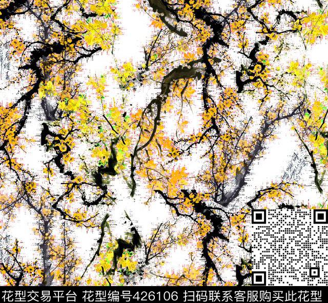 流行时尚大牌手绘水墨画数码印花华亿平台下载（图片编号: 426106） - 瓦栏（Walan）