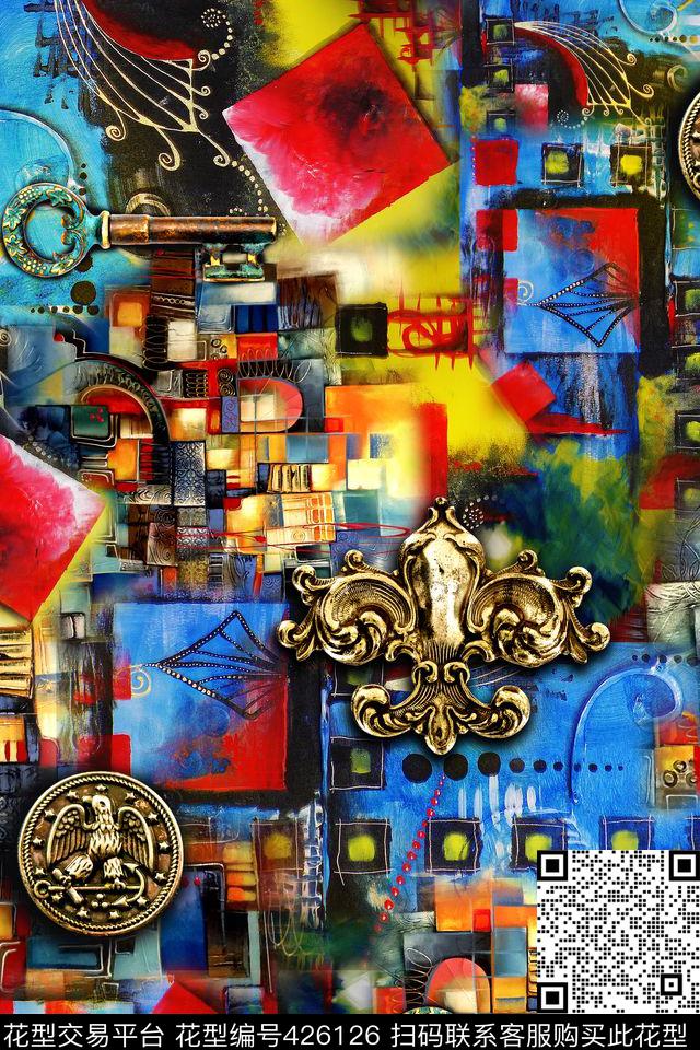 手绘钥匙金币数码印花华亿平台下载（图片编号: 426126） - 瓦栏（Walan）