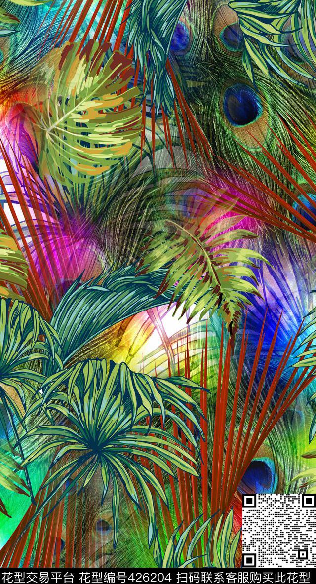 大型树叶孔雀纹数码印花华亿平台下载（图片编号: 426204） - 瓦栏（Walan）