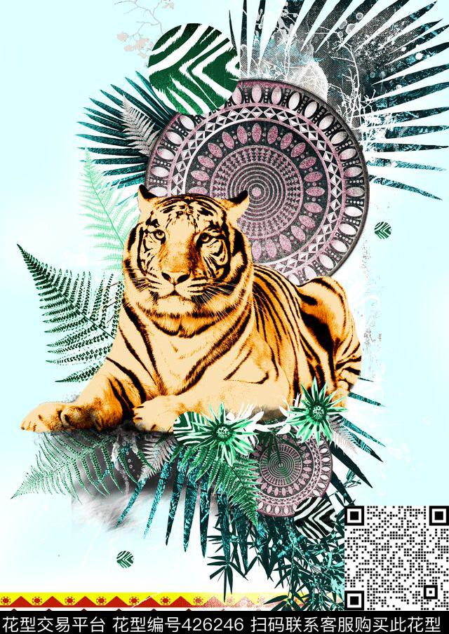 热带植物民族风老虎数码印花华亿平台下载（图片编号: 426246） - 瓦栏（Walan）
