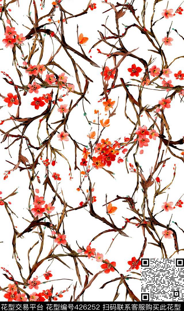 手绘桃花树枝中国风数码印花华亿平台下载（图片编号: 426252） - 瓦栏（Walan）