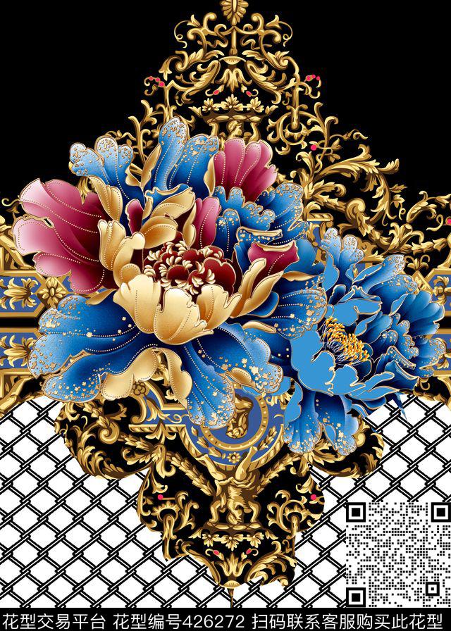 定位金色花边牡丹花数码印花华亿平台下载（图片编号: 426272） - 瓦栏（Walan）