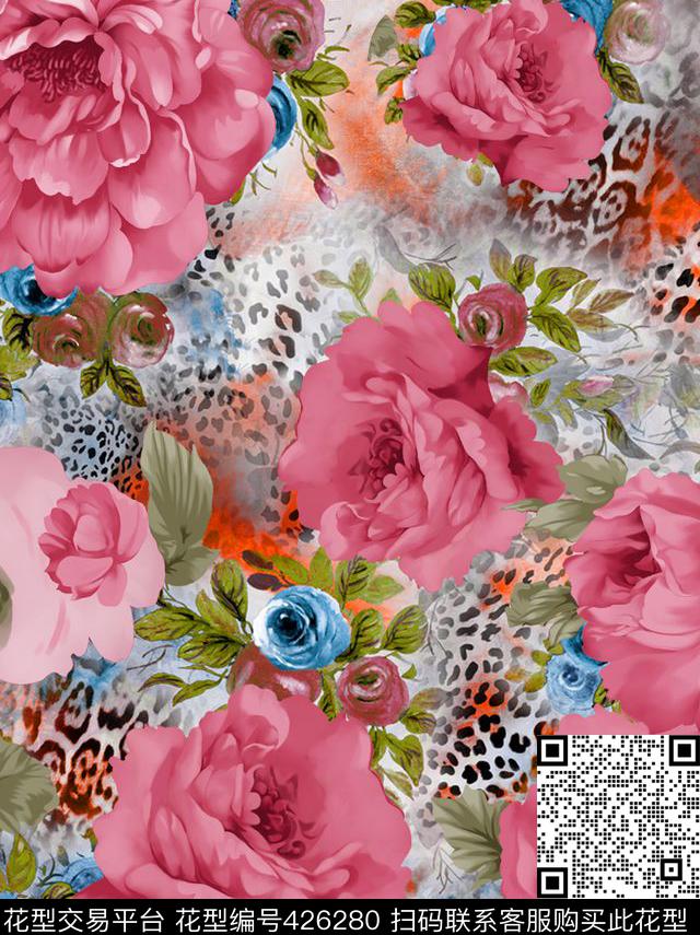 豹纹流行时尚大牌牡丹花数码印花华亿平台下载（图片编号: 426280） - 瓦栏（Walan）