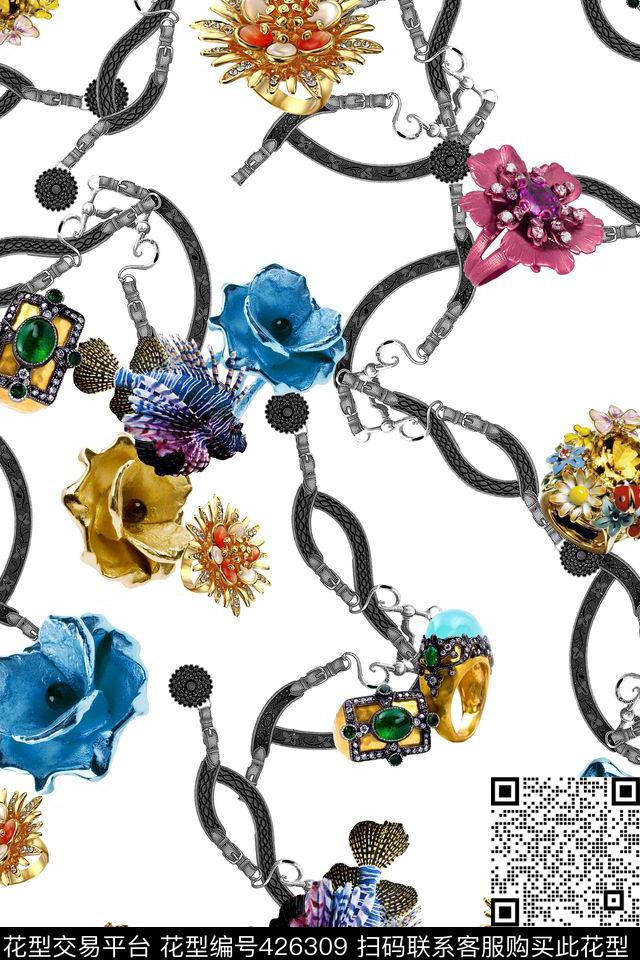 链条黑白珠宝花时尚流行数码印花华亿平台下载（图片编号: 426309） - 瓦栏（Walan）