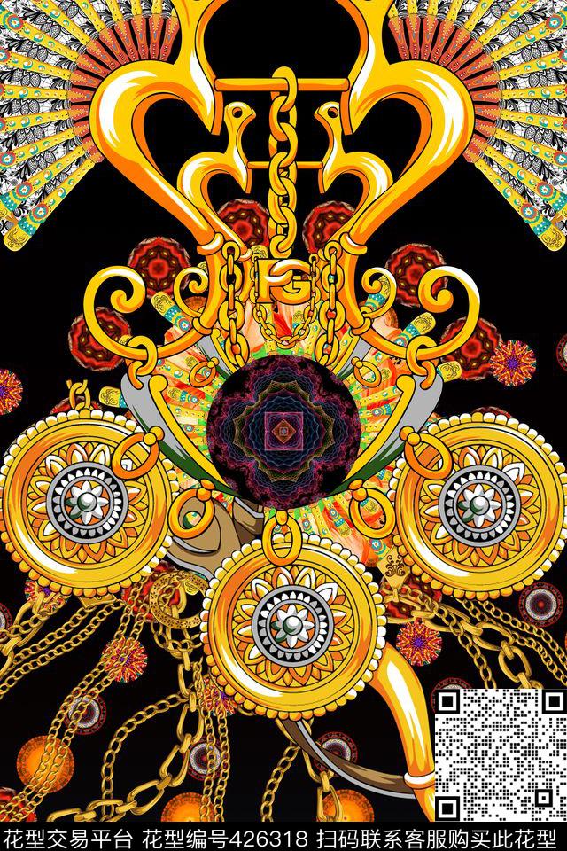 定位宫廷风金色锁链数码印花华亿平台下载（图片编号: 426318） - 瓦栏（Walan）