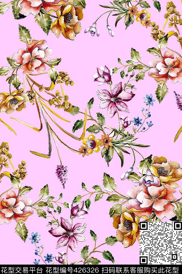 简单手绘花清新数码印花华亿平台下载（图片编号: 426326） - 瓦栏（Walan）