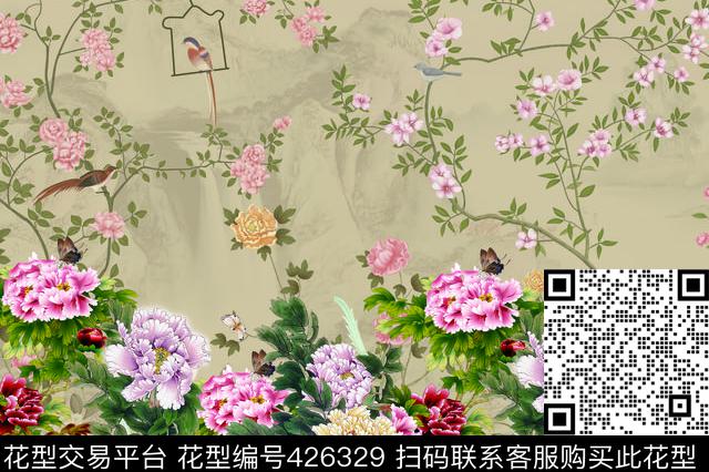 工笔画国画牡丹花数码印花华亿平台下载（图片编号: 426329） - 瓦栏（Walan）