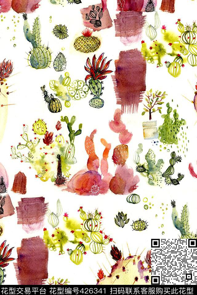 手绘仙人掌简单数码印花华亿平台下载（图片编号: 426341） - 瓦栏（Walan）