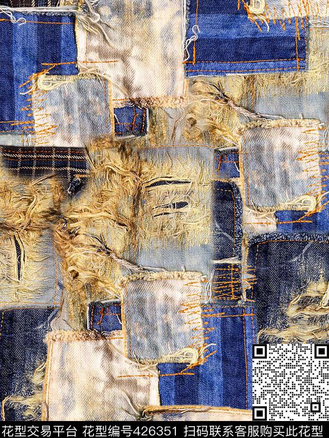 牛仔拼接满版数码印花华亿平台下载（图片编号: 426351） - 瓦栏（Walan）