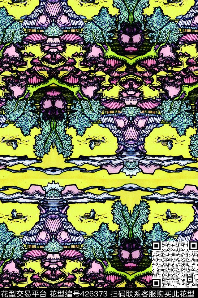 复古风景绚丽数码印花华亿平台下载（图片编号: 426373） - 瓦栏（Walan）