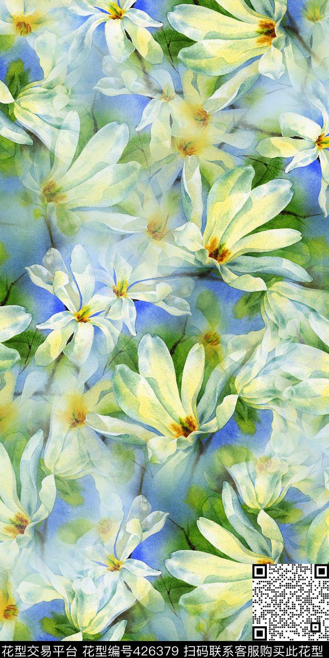 淡雅清爽花卉时尚数码印花华亿平台下载（图片编号: 426379） - 瓦栏（Walan）