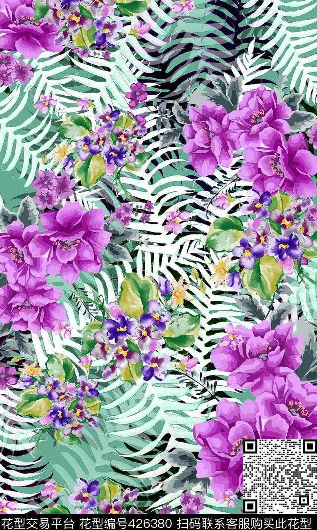复古时尚连夏日印花花卉蕨类叶子数码印花华亿平台下载（图片编号: 426380） - 瓦栏（Walan）