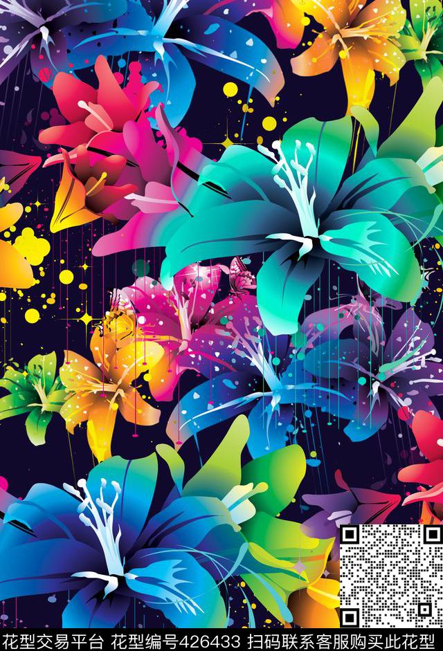 暗底滴墨风格化数码印花华亿平台下载（图片编号: 426433） - 瓦栏（Walan）