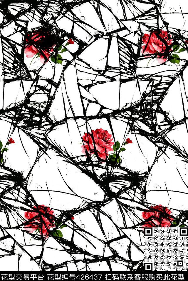 写实玻璃裂纹手绘花卉数码印花华亿平台下载（图片编号: 426437） - 瓦栏（Walan）