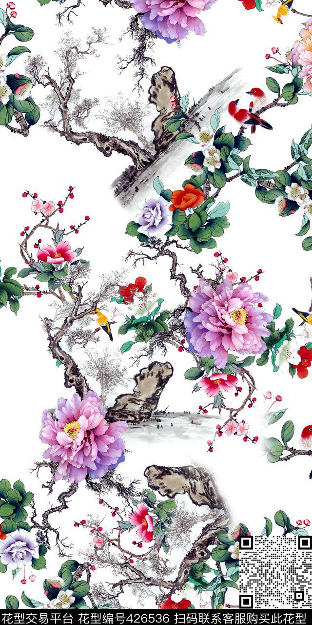 复古清爽牡丹花卉数码印花华亿平台下载（图片编号: 426536） - 瓦栏（Walan）