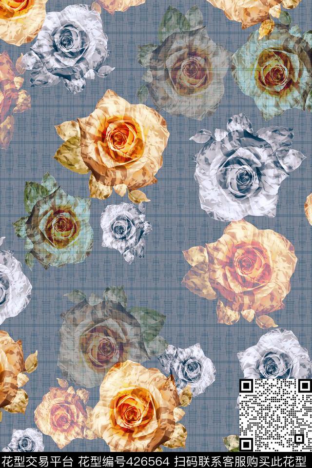 布纹花卉组合搭配数码印花华亿平台下载（图片编号: 426564） - 瓦栏（Walan）