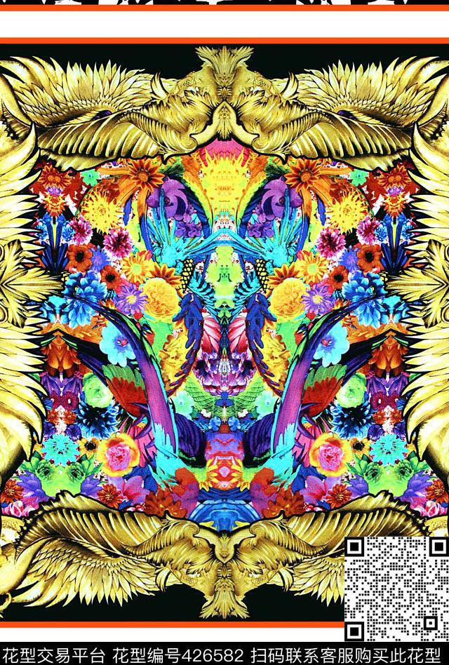 宫廷风羽毛花卉数码印花华亿平台下载（图片编号: 426582） - 瓦栏（Walan）