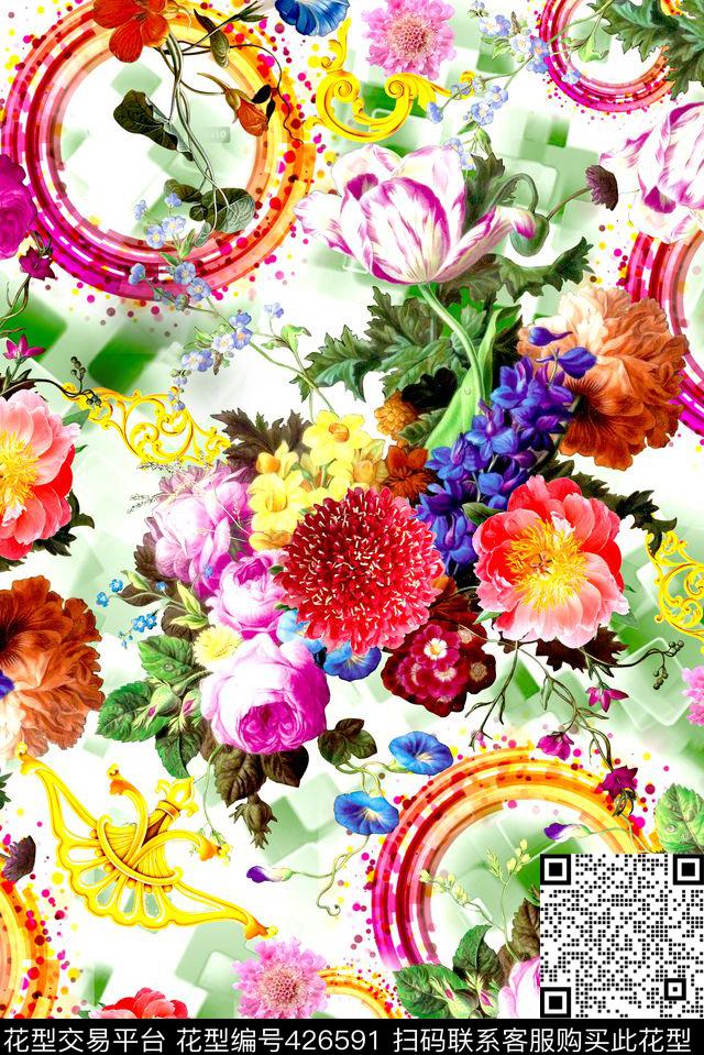 彩色环花卉金饰数码印花华亿平台下载（图片编号: 426591） - 瓦栏（Walan）
