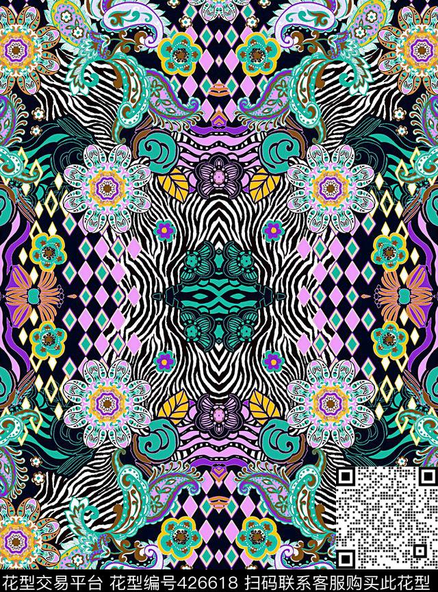 民族风火腿纹腰果花数码印花华亿平台下载（图片编号: 426618） - 瓦栏（Walan）