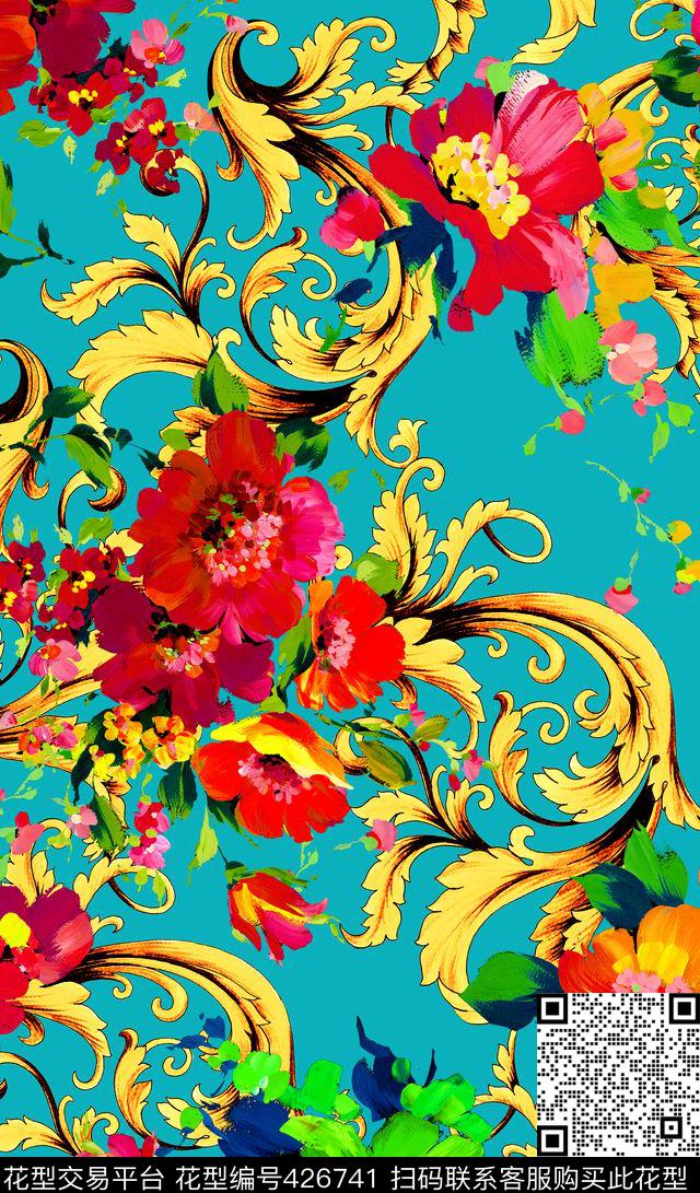 清爽手绘花卉古典图纹数码印花华亿平台下载（图片编号: 426741） - 瓦栏（Walan）
