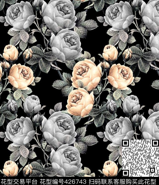 花卉彩色柔美黑白酷炫数码印花华亿平台下载（图片编号: 426743） - 瓦栏（Walan）