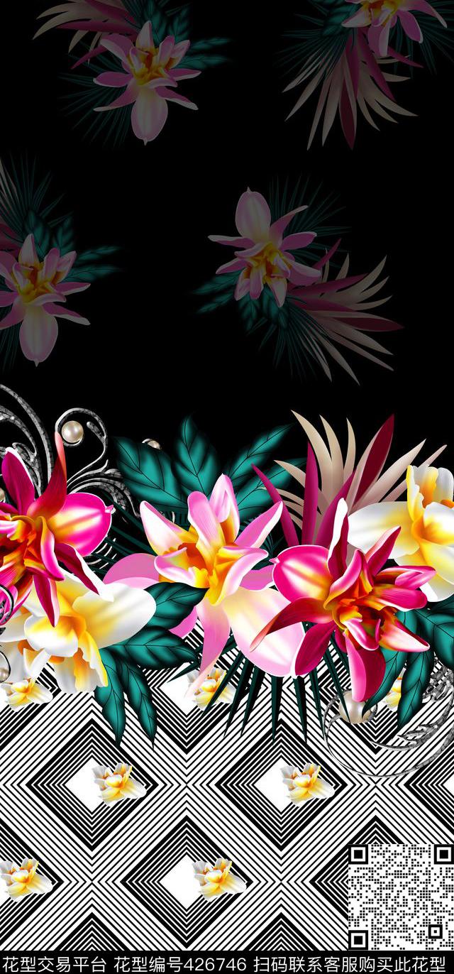 热带植物花卉几何图形数码印花华亿平台下载（图片编号: 426746） - 瓦栏（Walan）