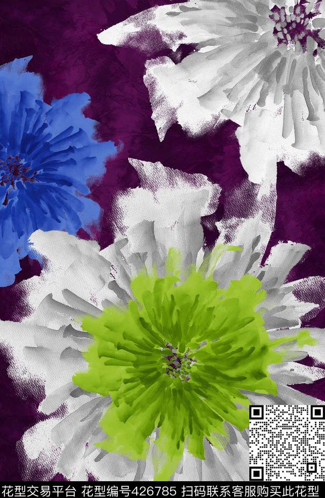 大朵花卉定位花晕染数码印花华亿平台下载（图片编号: 426785） - 瓦栏（Walan）