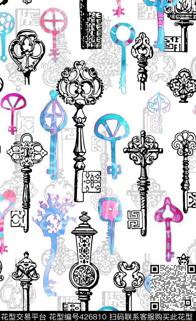清新手绘钥匙数码印花华亿平台下载（图片编号: 426810） - 瓦栏（Walan）