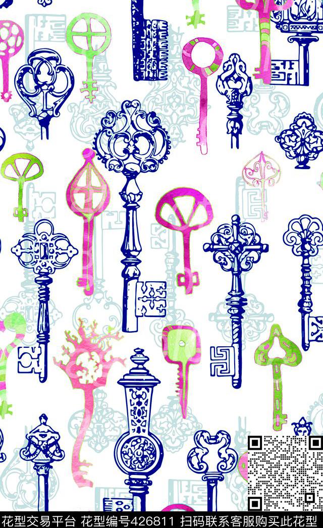 清新手绘钥匙数码印花华亿平台下载（图片编号: 426811） - 瓦栏（Walan）