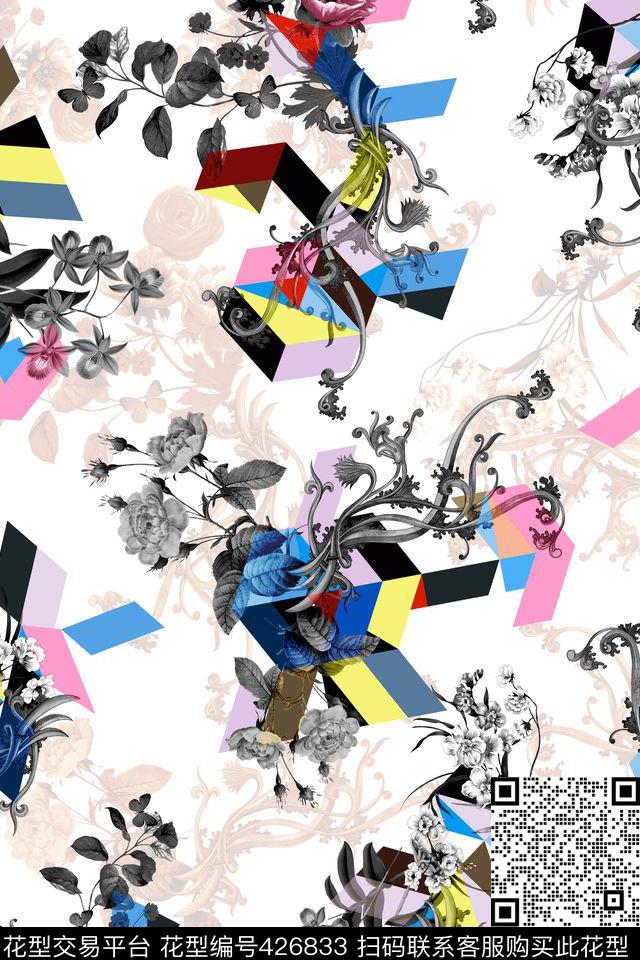 抽象黑白花春夏女装几何图案数码印花华亿平台下载（图片编号: 426833） - 瓦栏（Walan）