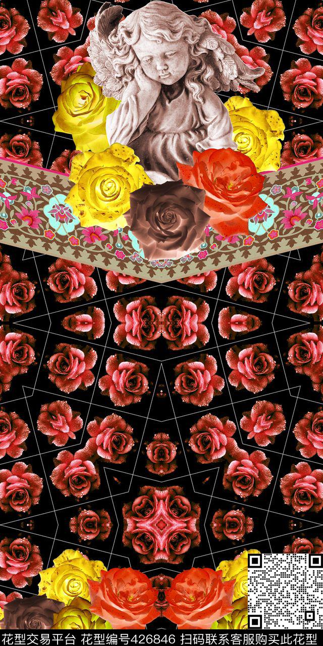 花卉天使哥特风格数码印花华亿平台下载（图片编号: 426846） - 瓦栏（Walan）
