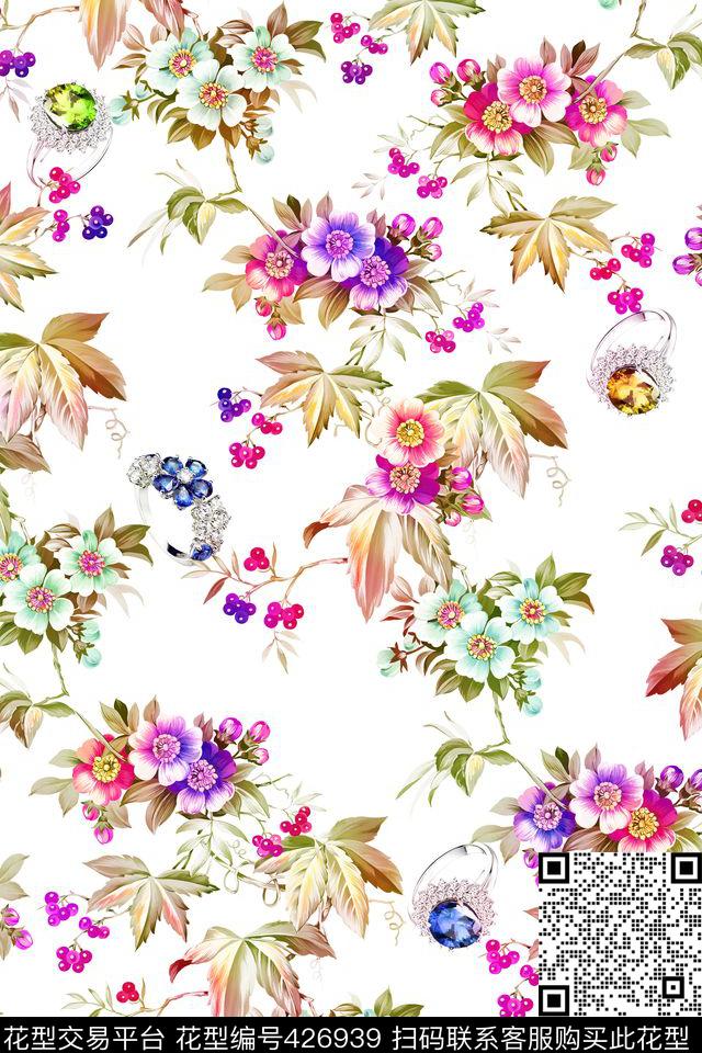时尚风格五彩花卉叶子数码印花华亿平台下载（图片编号: 426939） - 瓦栏（Walan）