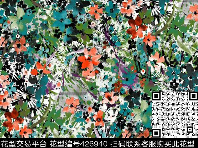 连衣裙花卉流行漂亮数码印花华亿平台下载（图片编号: 426940） - 瓦栏（Walan）