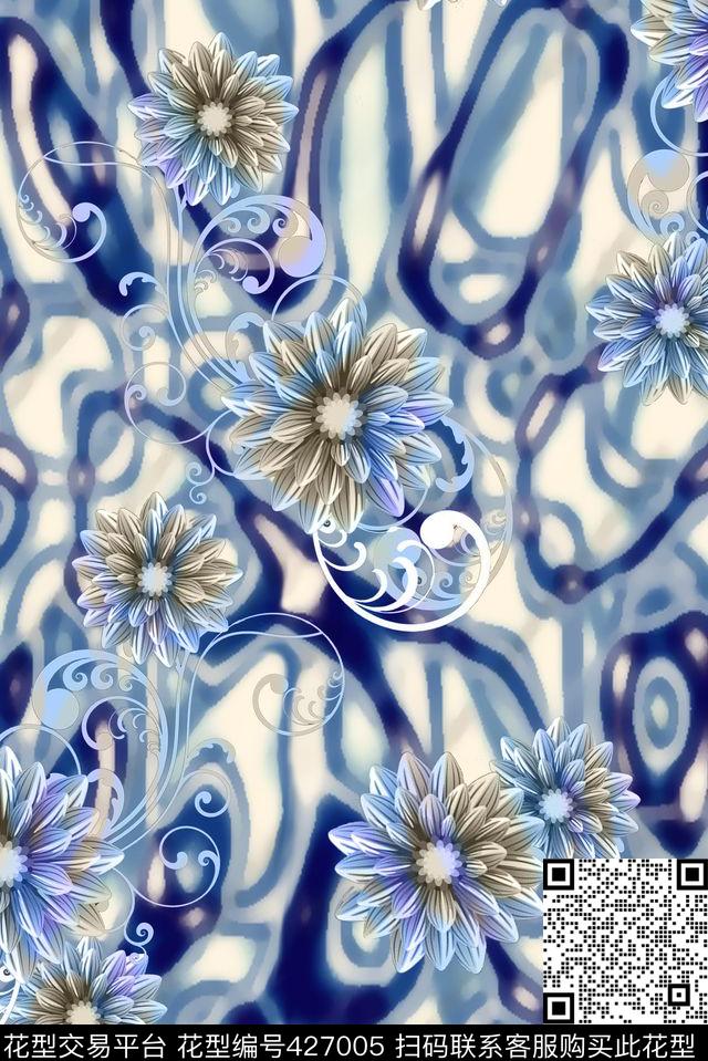 简洁时尚梦幻线条小花数码印花华亿平台下载（图片编号: 427005） - 瓦栏（Walan）