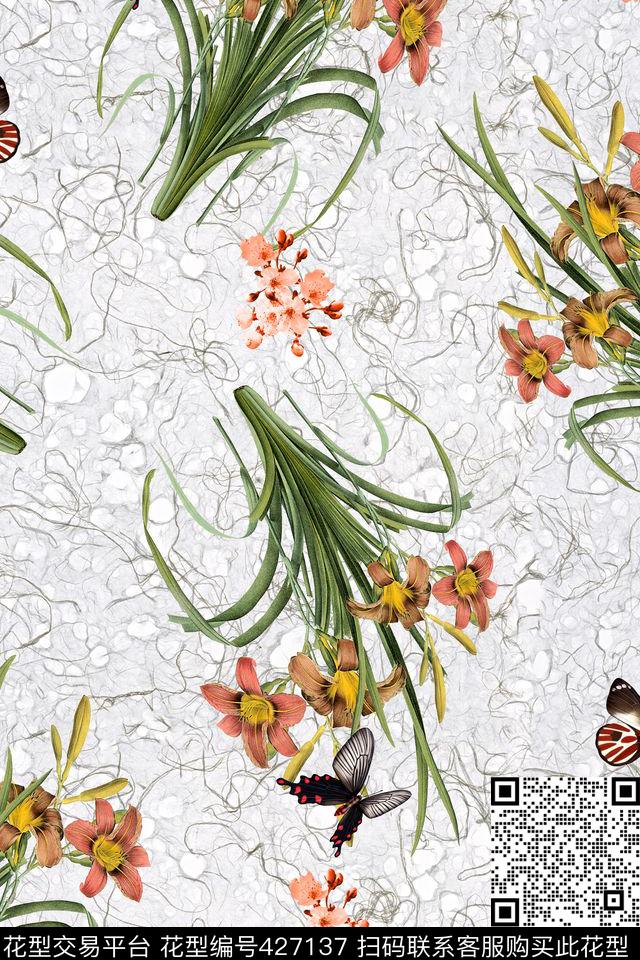 L.D~手绘复古兰花传统印花华亿平台下载（图片编号: 427137） - 瓦栏（Walan）