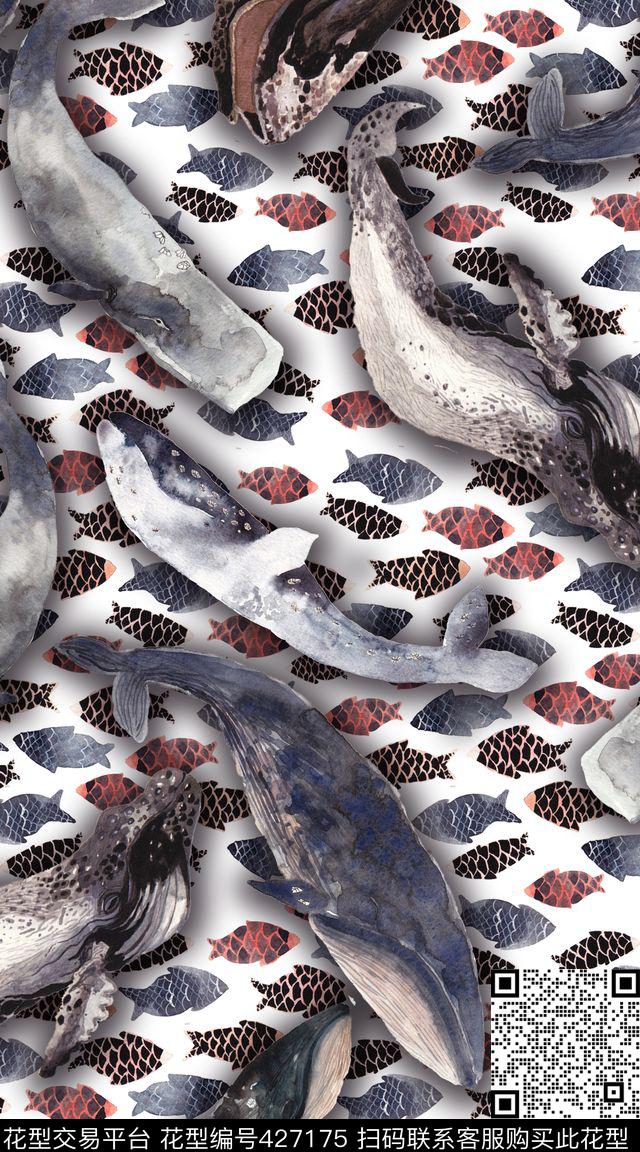 手绘创意鲸鱼数码印花华亿平台下载（图片编号: 427175） - 瓦栏（Walan）