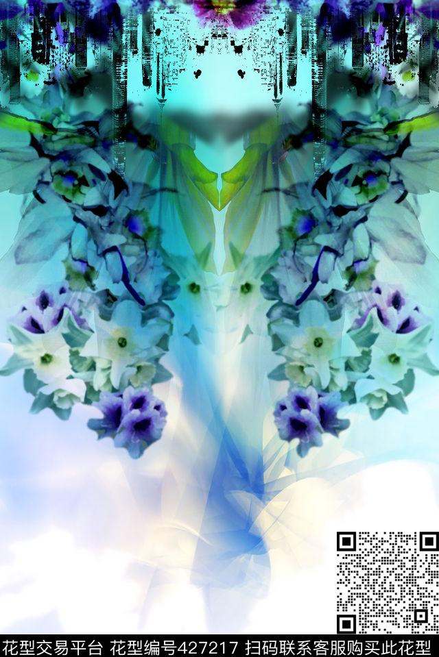 抽象花卉蓝色调城市建筑花卉数码印花华亿平台下载（图片编号: 427217） - 瓦栏（Walan）