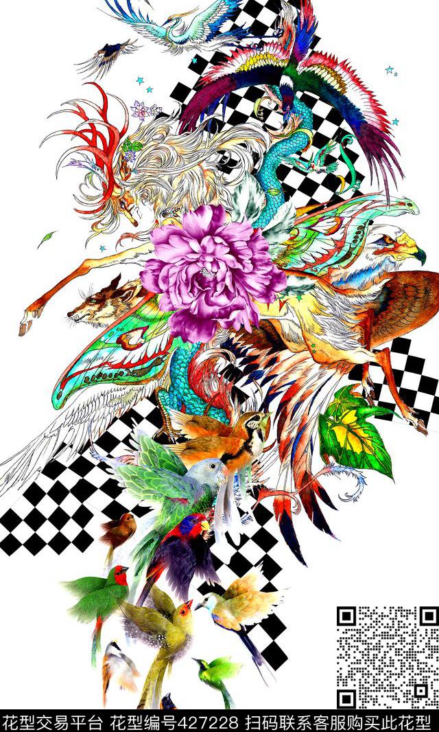 时尚鹦鹉蝴蝶数码印花华亿平台下载（图片编号: 427228） - 瓦栏（Walan）