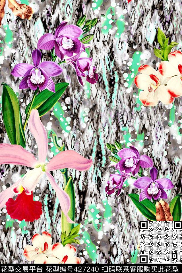 抽象条纹花卉数码印花华亿平台下载（图片编号: 427240） - 瓦栏（Walan）