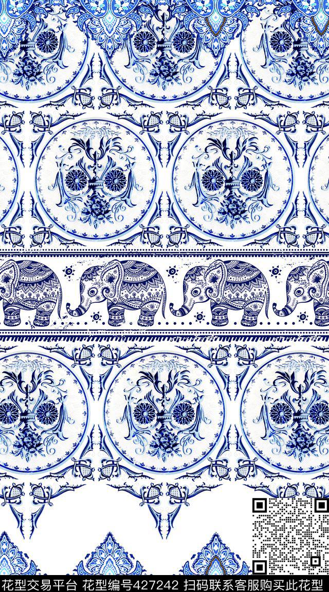 中国风青花瓷花卉数码印花华亿平台下载（图片编号: 427242） - 瓦栏（Walan）