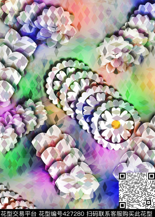 抽象几何花卉数码印花华亿平台下载（图片编号: 427280） - 瓦栏（Walan）