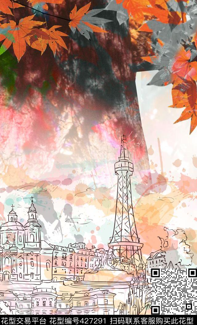 休闲风景巴黎铁塔数码印花华亿平台下载（图片编号: 427291） - 瓦栏（Walan）