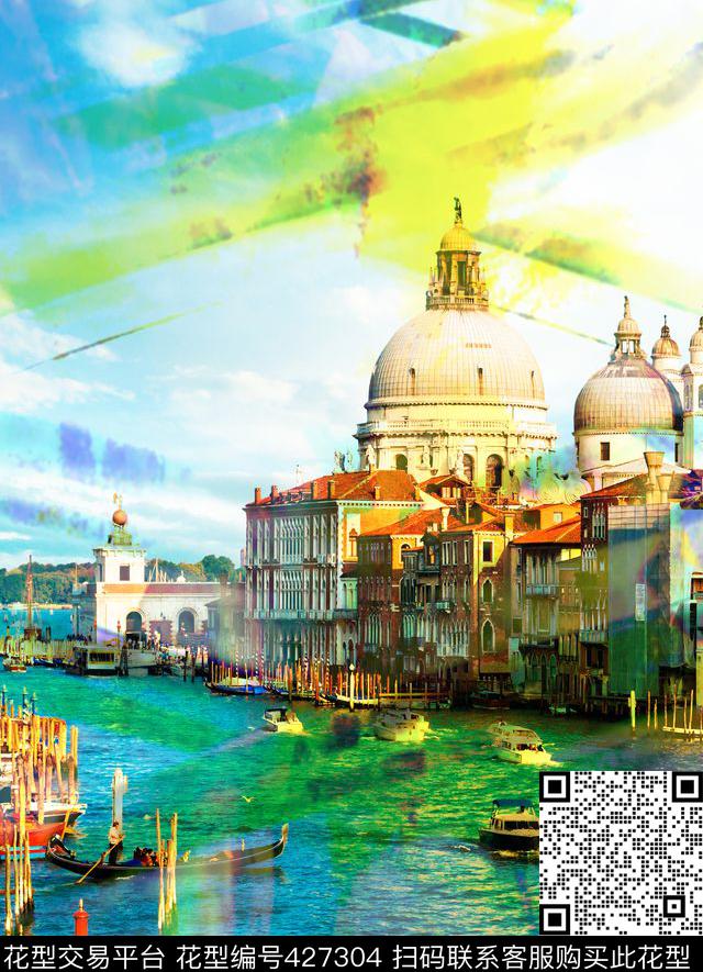 潮流时尚城市建筑水上城市数码印花华亿平台下载（图片编号: 427304） - 瓦栏（Walan）