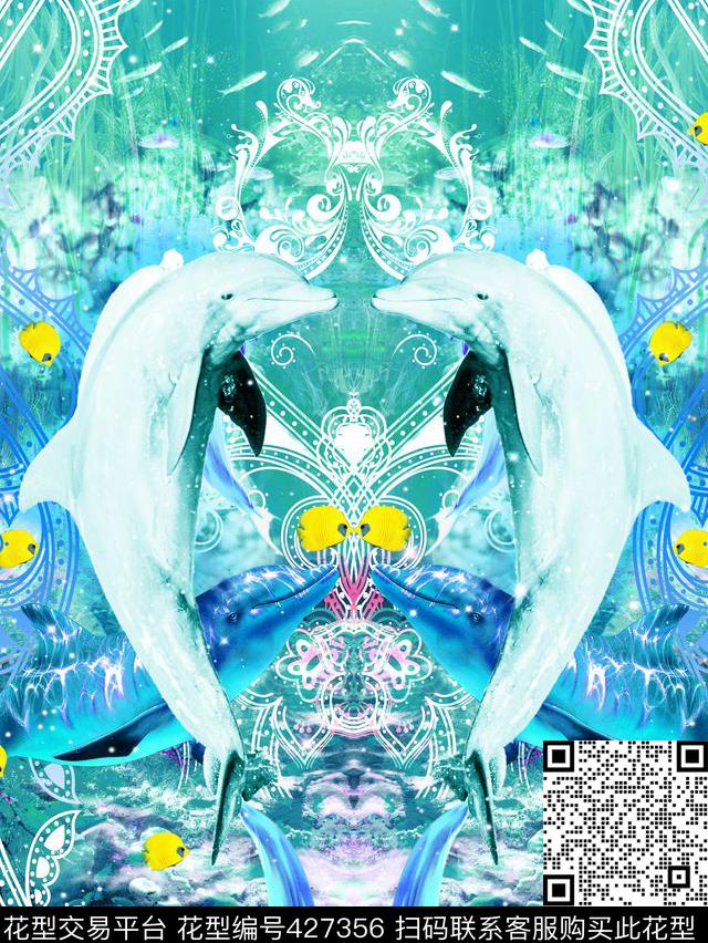 梦幻海底度假海豚珊瑚数码印花华亿平台下载（图片编号: 427356） - 瓦栏（Walan）