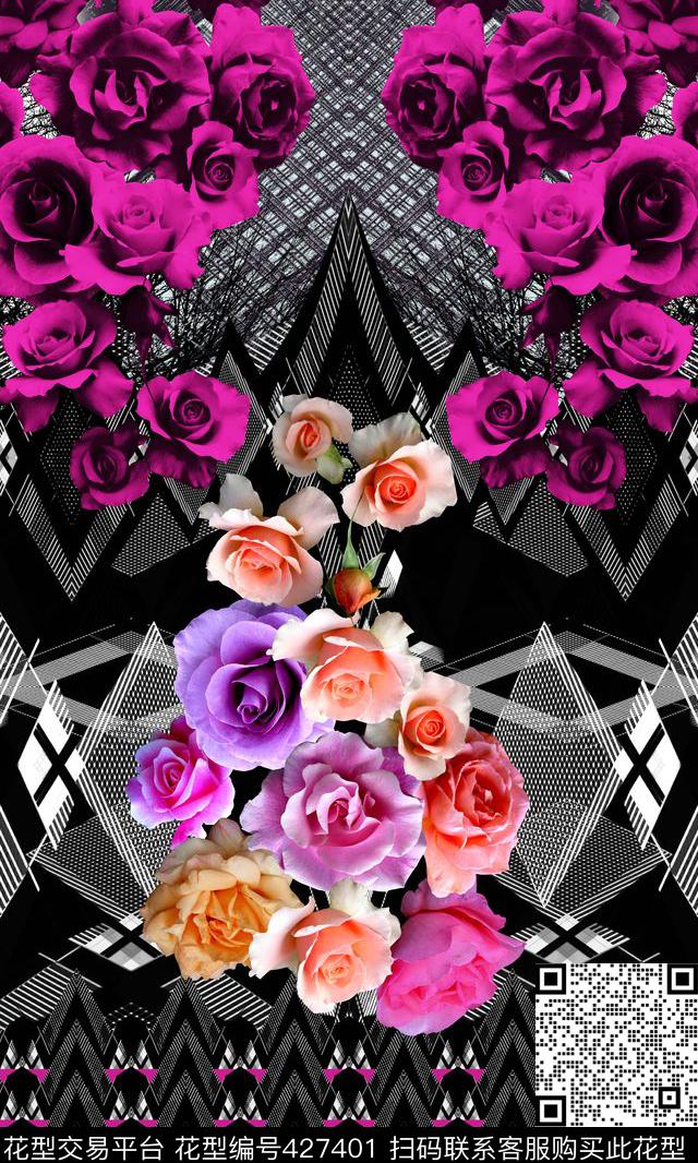几何图形玫瑰花卉数码印花华亿平台下载（图片编号: 427401） - 瓦栏（Walan）
