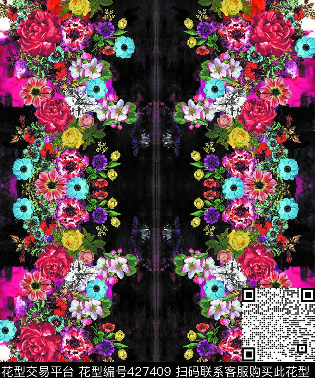 对称花卉混合数码印花华亿平台下载（图片编号: 427409） - 瓦栏（Walan）