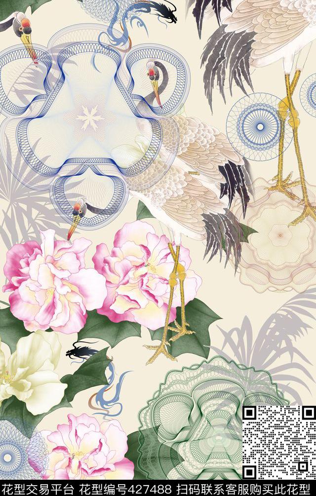 丹顶鹤花卉手绘花数码印花华亿平台下载（图片编号: 427488） - 瓦栏（Walan）