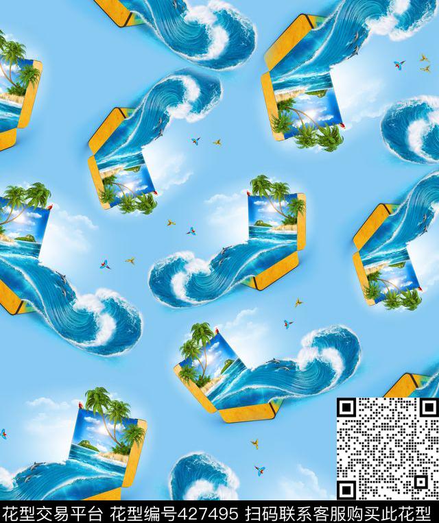 海水鸟树木数码印花华亿平台下载（图片编号: 427495） - 瓦栏（Walan）