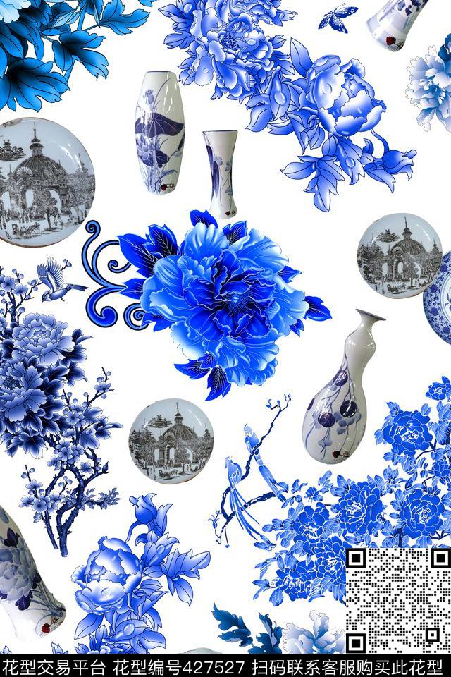 青花瓷盘青花花卉青花瓶数码印花华亿平台下载（图片编号: 427527） - 瓦栏（Walan）